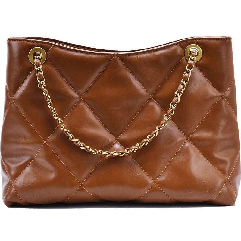 Cream White Quilted Leather Tote Bag with Gold Chain Straps | Diamond Stitched Shoulder Bag