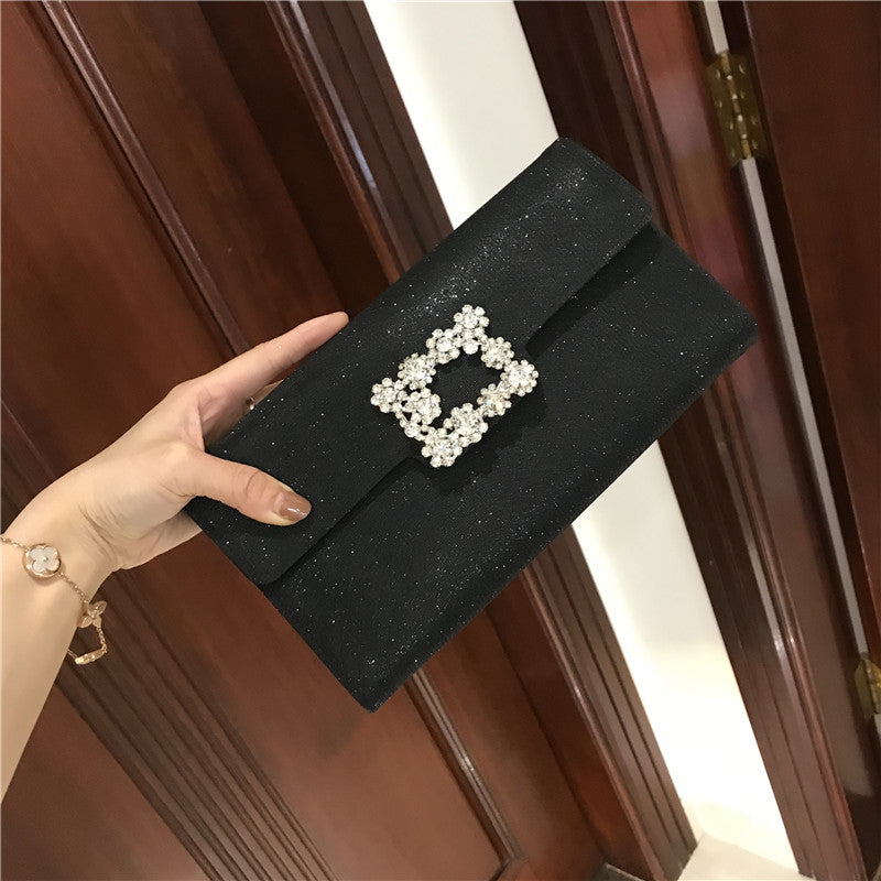 Silver Glitter Evening Clutch with Crystal Logo and Chain Strap - Sparkly Envelope Purse for Wedding, Prom, Party - Elegant Shimmer Crossbody Handbag for Women