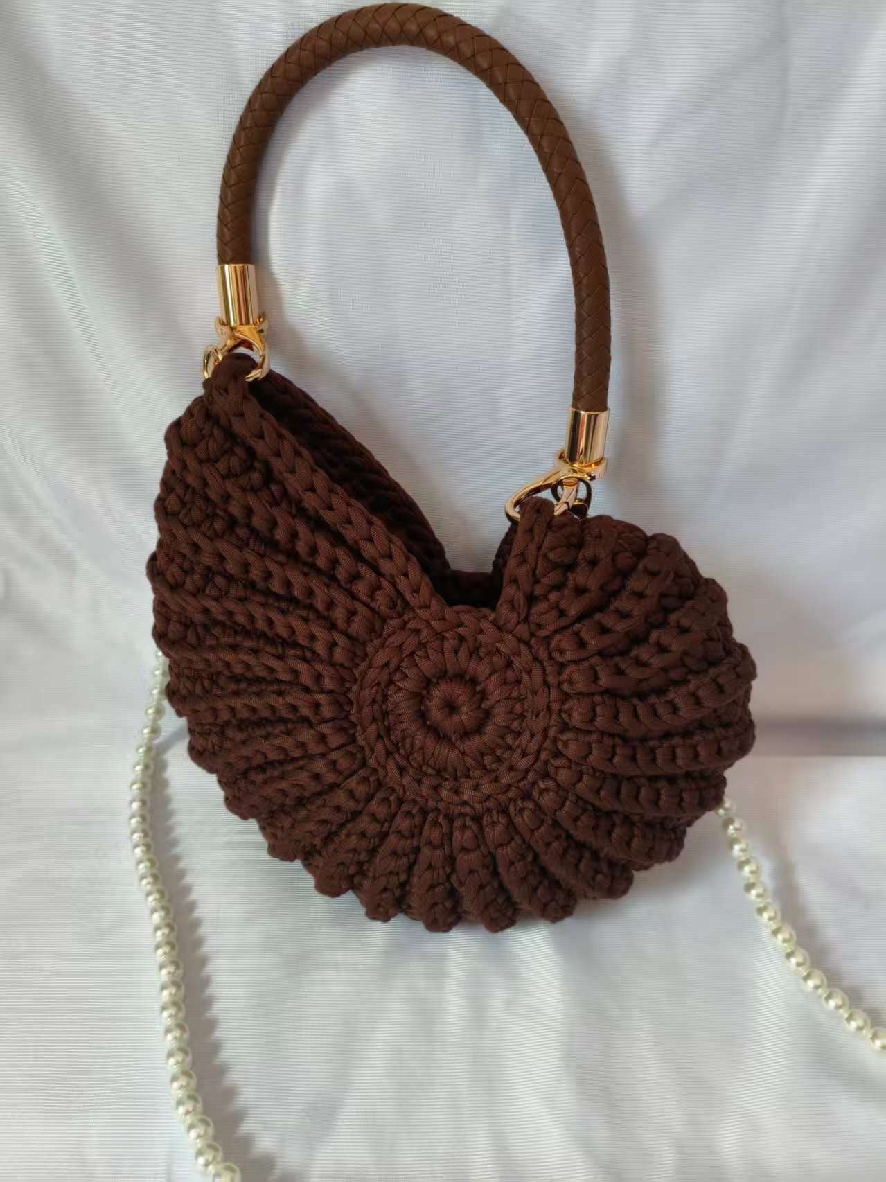Handmade Crochet Knit Handbag | Boho Round Top Handle Bag with Pearl Strap ? Multiple Colors
