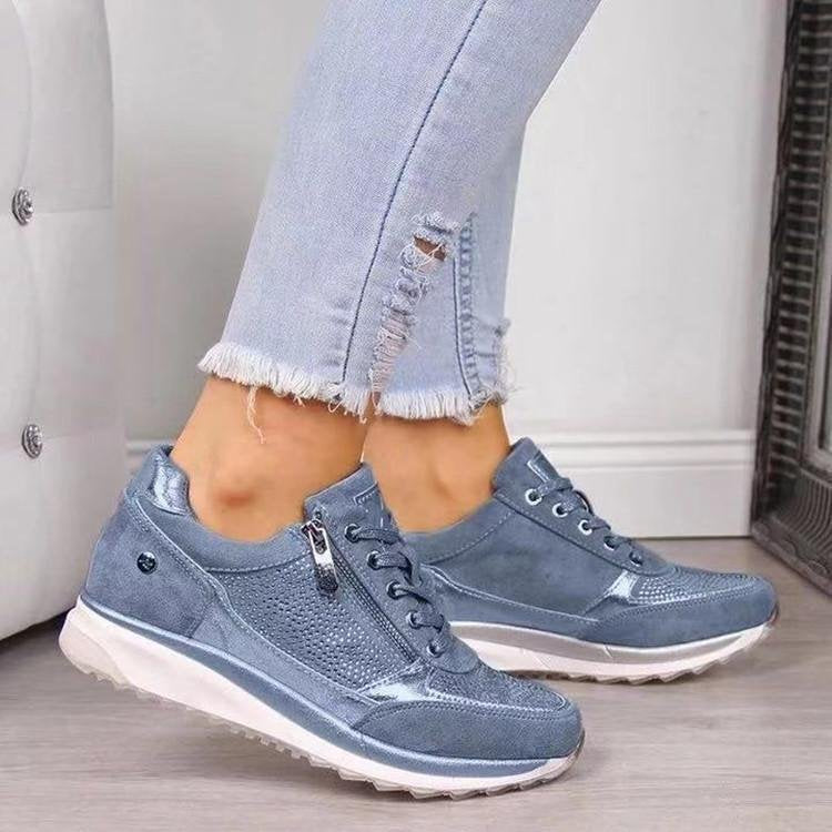 Silver Rhinestone Crystal Zip Lace-Up Wedge Sneakers | Glam Diamante Platform Trainers for Women