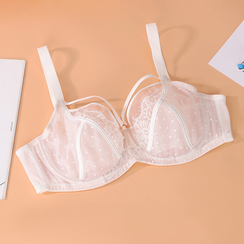 Plus Size Women's Strappy Lace Mesh Underwire Bra | Polka Dot Sheer Cup Floral Lace Lingerie Bra