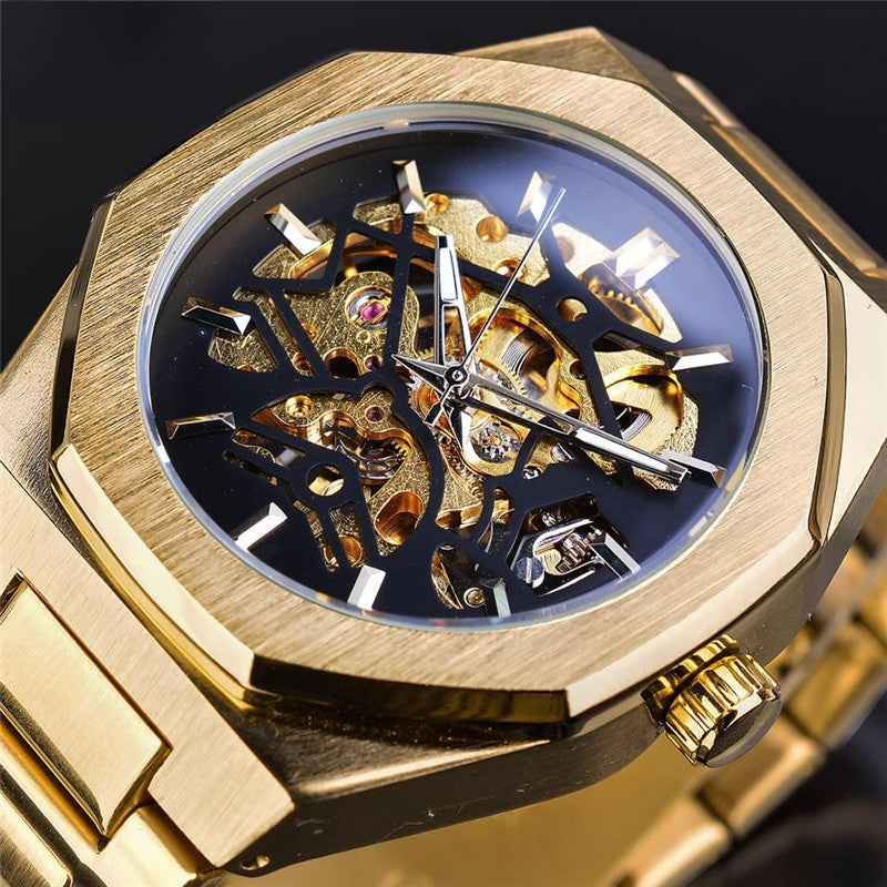 Men's Black Skeleton Automatic Watch | Gold Movement Octagonal Steel Bracelet Mechanical Watch