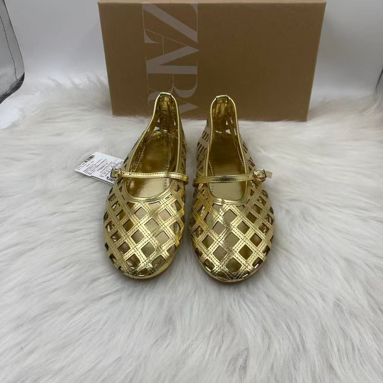 Metallic Laser Cut Cage Mary Jane Ballet Flats | Gold & Black Cut-Out Diamond Lattice Flat Shoes for Women