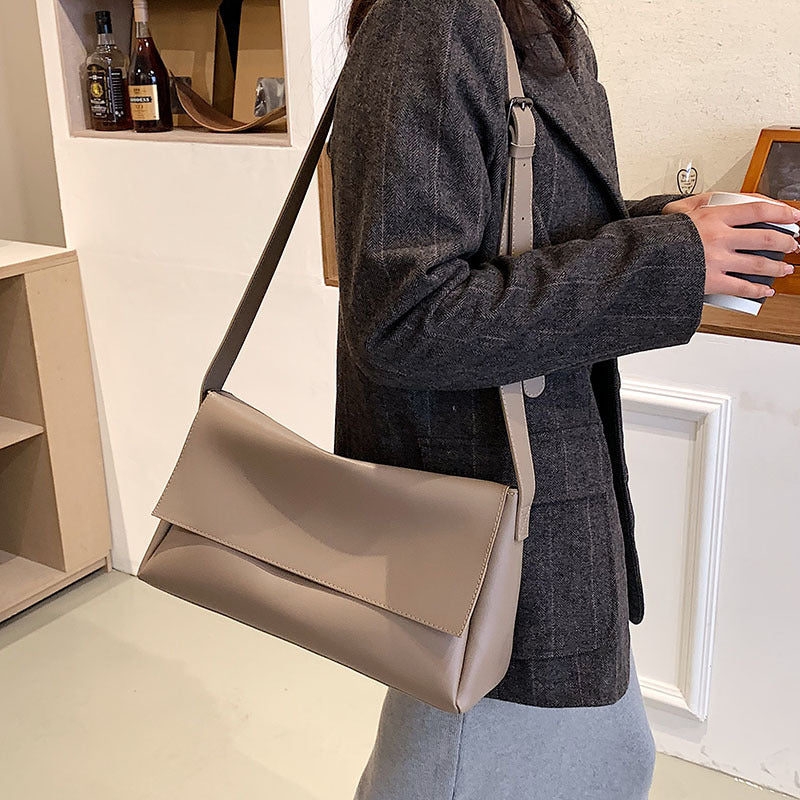 Women's Minimalist Black Leather Crossbody Bag | Sleek Flap Shoulder Bag | Everyday Clutch Purse for Work, Travel & Occasions