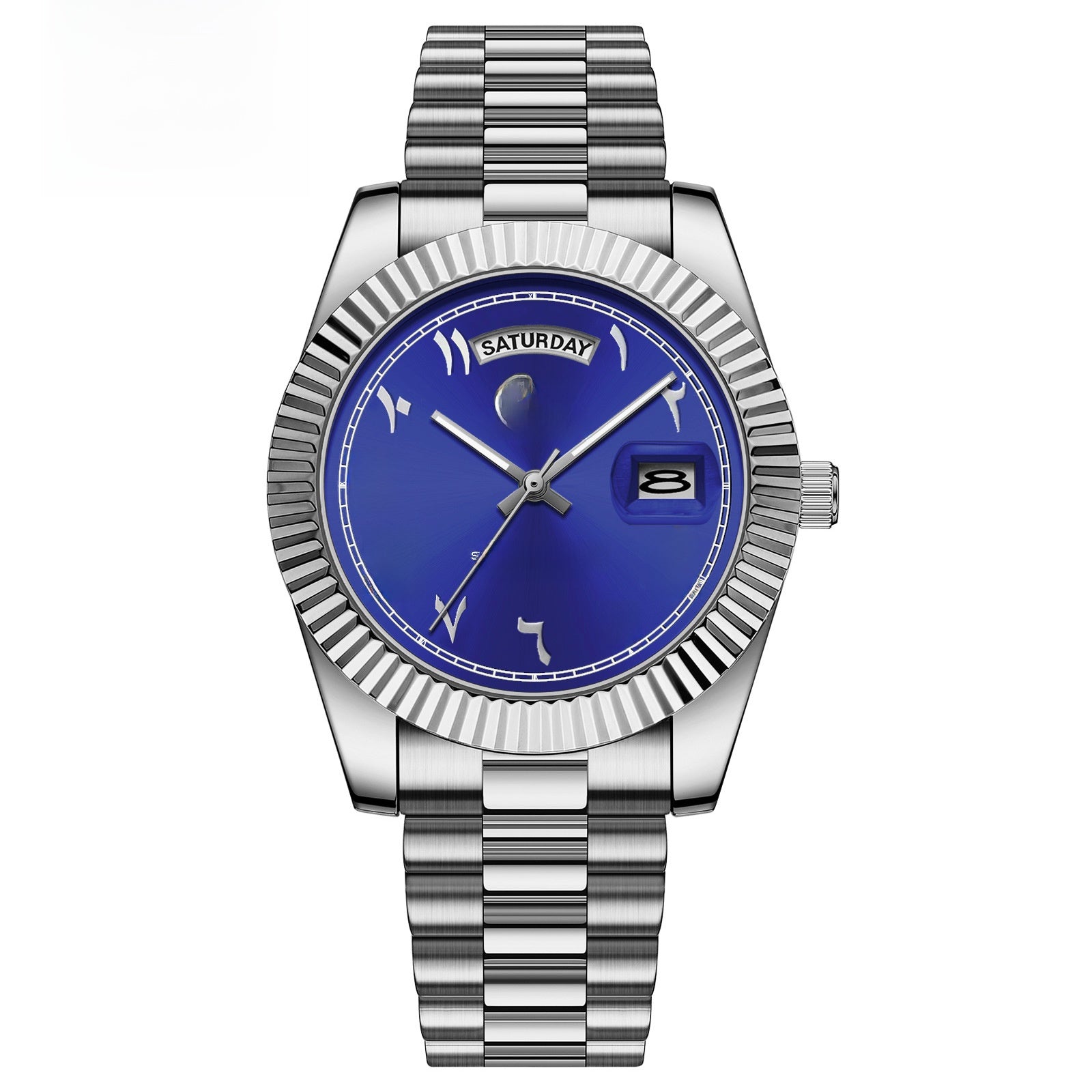 Carsikie Arabic Numeral Watch Men | Black Sunray Dial | Fluted Bezel President Style | Day Date Silver Stainless Steel Watch