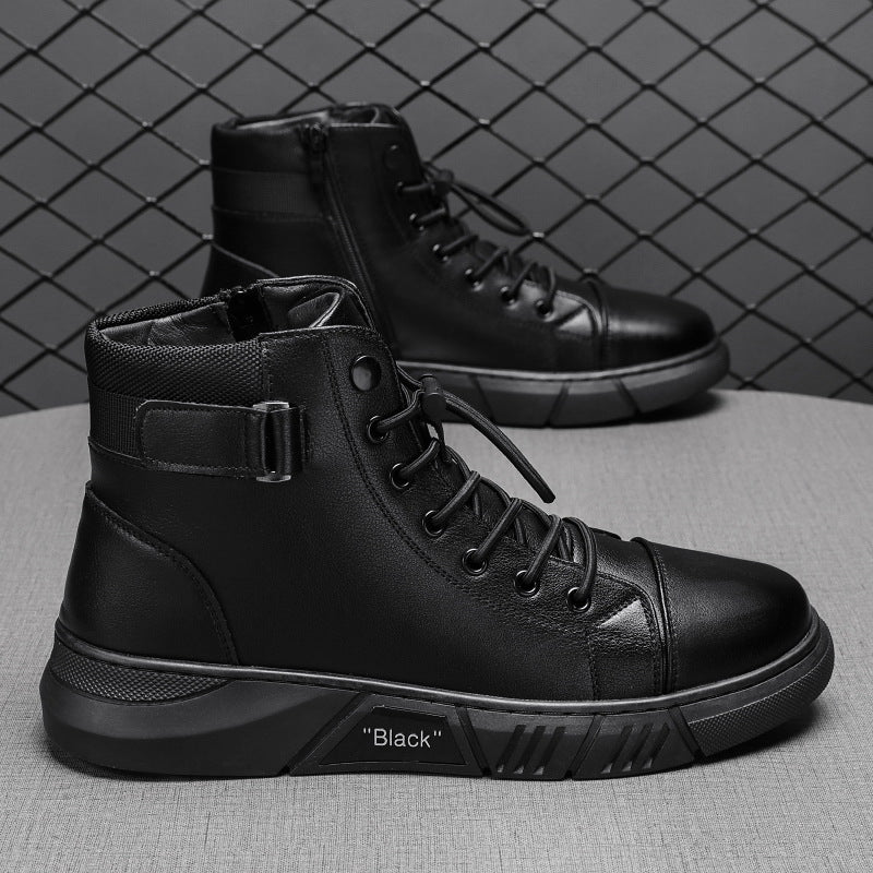 Mens Black High Top Leather Sneakers with Buckle Strap Lace Up Ankle Boots Casual Platform Street Style Shoes for Everyday Outdoor and Fashion