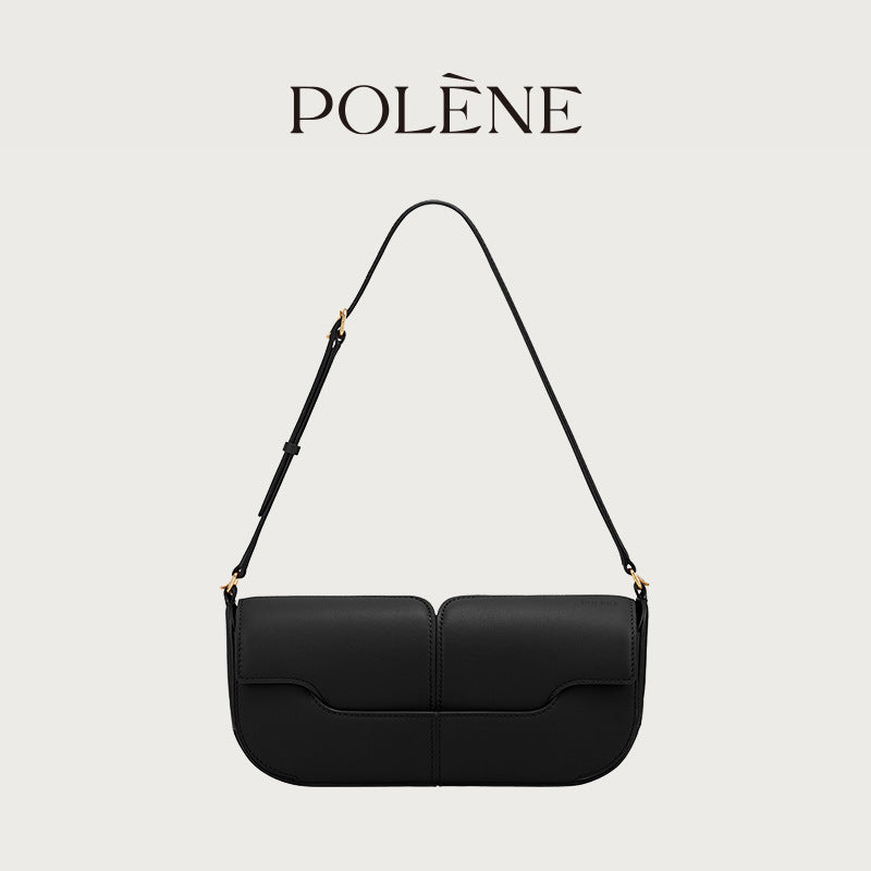 Polene Genuine Leather Black Leather Baguette Bag | Minimalist Shoulder Bag with Flap Closure