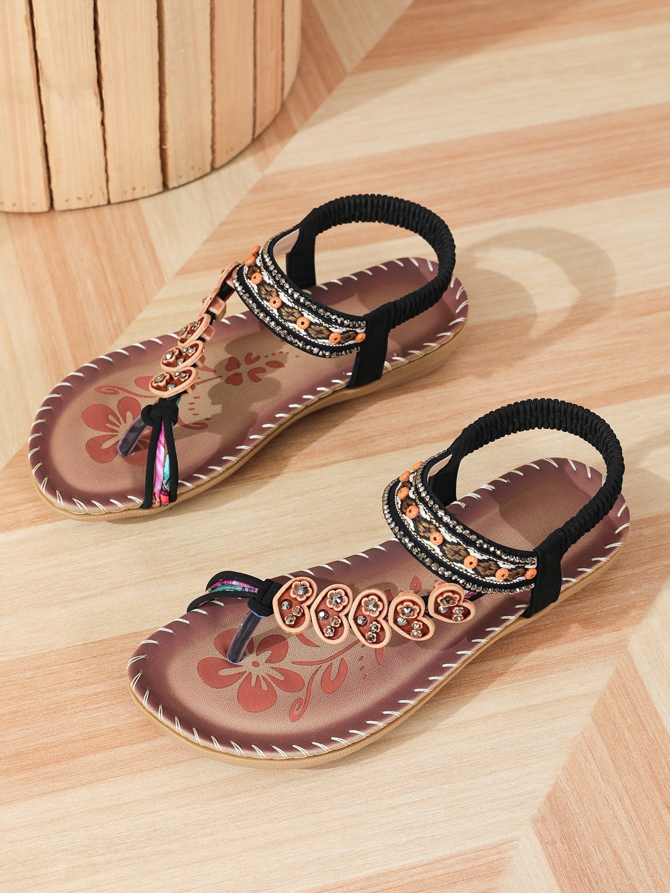 Women's Tan Boho Beaded Thong Sandals ? Ethnic Floral Rhinestone Elastic Ankle Strap Flat Summer Shoes