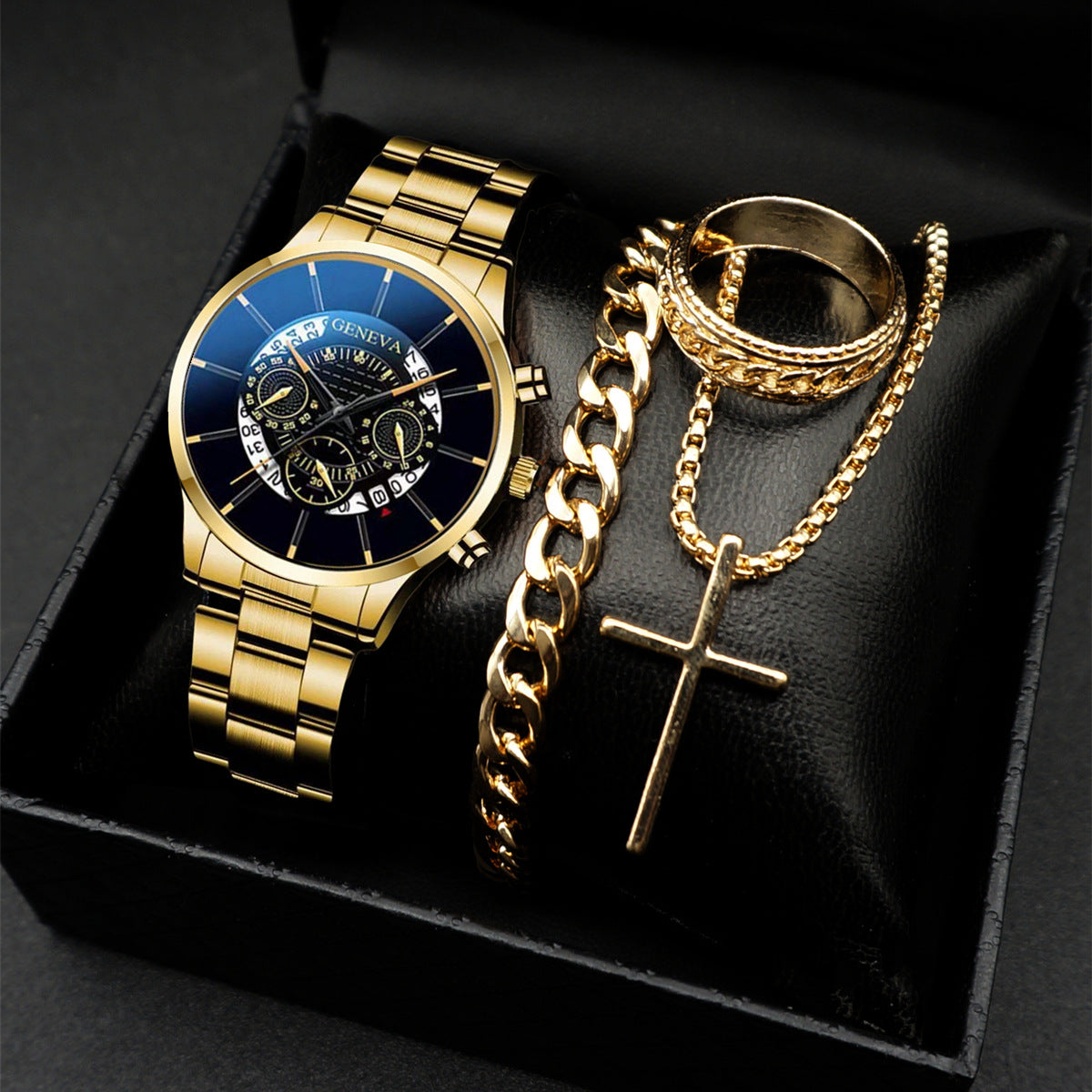 Geneva Men's 3-Piece Black Gift Set | Chronograph Watch + Cuban Link Bracelet + Cross Necklace Luxury Jewelry Box