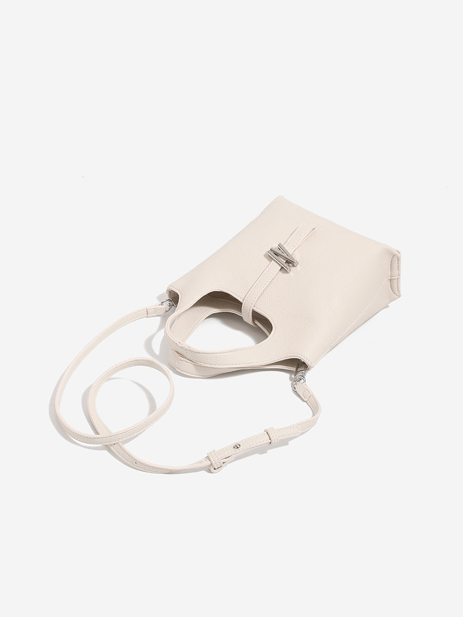 Cream Pebbled Leather Mini Tote Bag | Women's Top Handle Bucket Bag with Silver Knot Hardware Detail