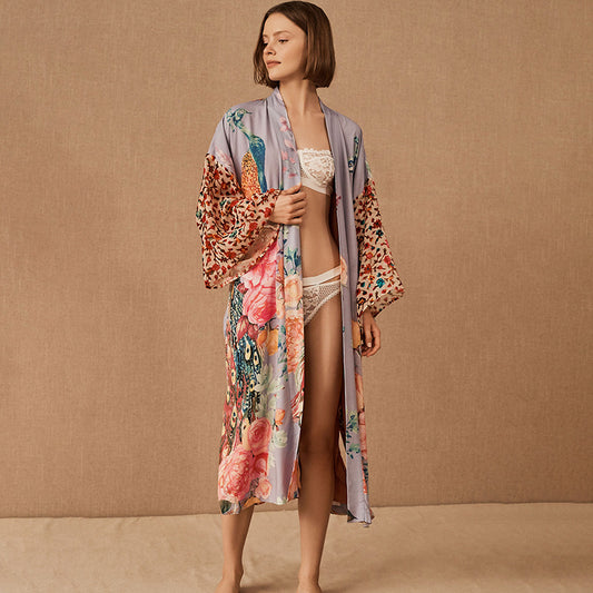 Peacock Floral Kimono Robe | Luxury Long Satin Dressing Gown | Boho Floral Print Lounge Robe for Women
