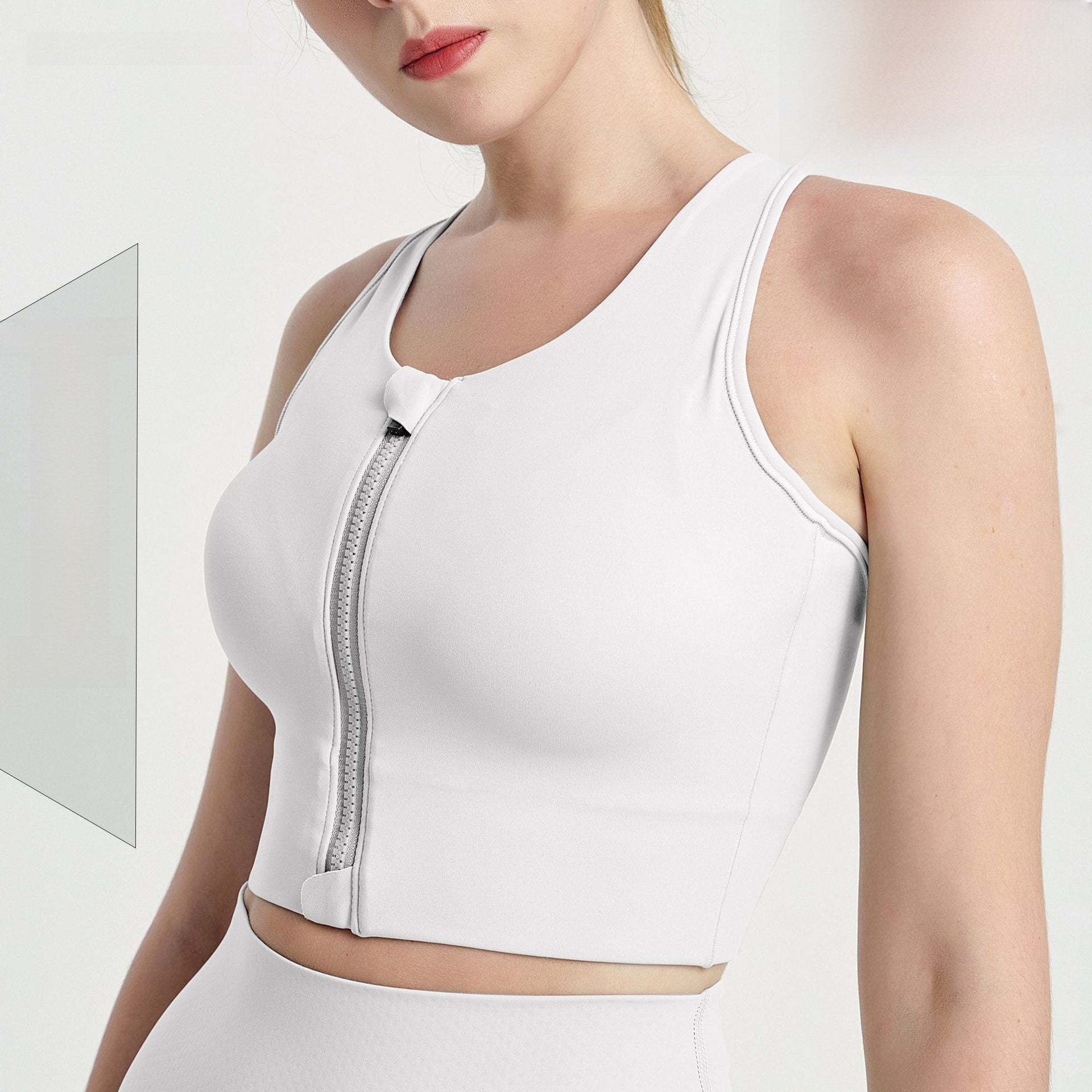 Women's Khaki Front Zip Racerback Sports Bra with Padded Cups and High Support Cropped Fit for Gym and Yoga