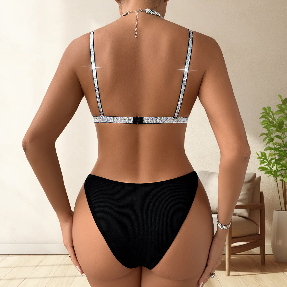 Black Rhinestone Strap Ribbed Bikini Set | Crystal Diamond Triangle Top & High Cut Thong | Glam Luxury Sparkle Two Piece Swimsuit Women