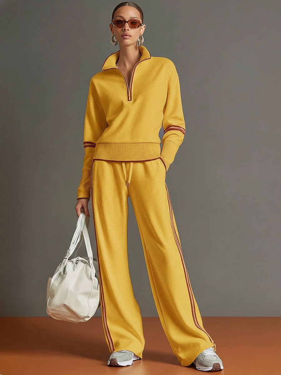 Red Knit Two-Piece Tracksuit Set | Quarter-Zip Pullover & Wide-Leg Pants | Striped Co-Ord Loungewear