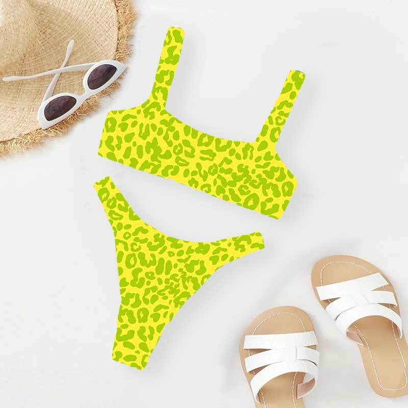 Colorful Leopard Print Bikini Set, Square Neck Crop Top & High Cut Bottom, Women Two Piece Swimwear, Multi Color Animal Print Swimsuit, Beach Vacation Bathing Suit
