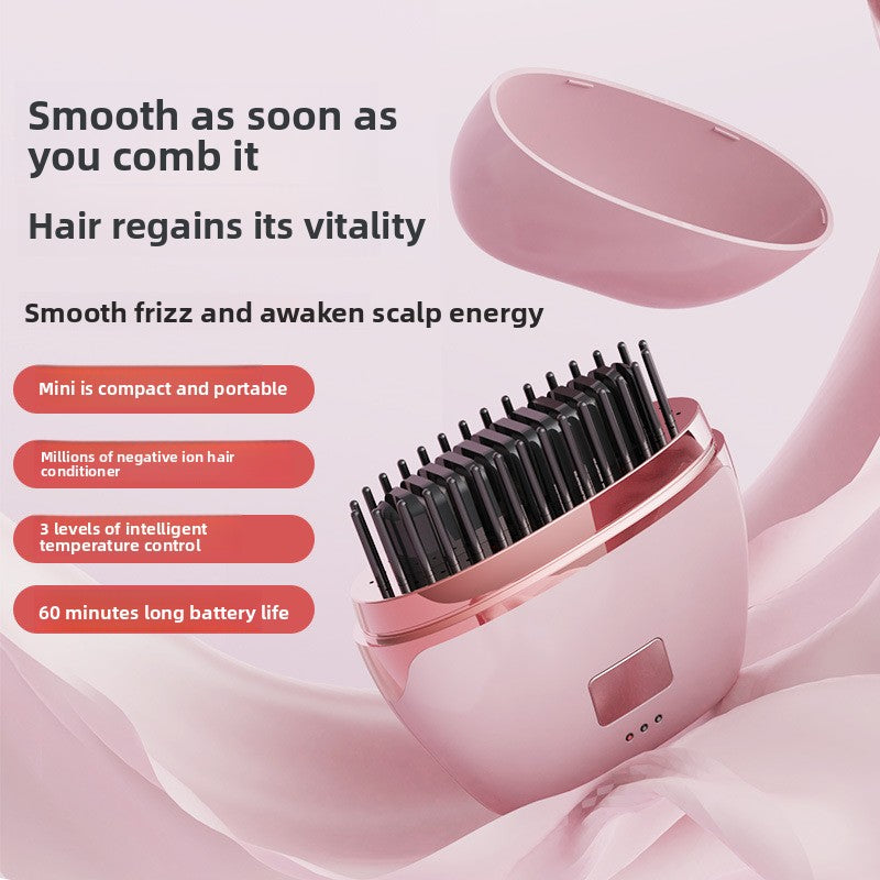 Mini Ionic Hair Straightening Brush | 3-Level Temp Control 60-Min Battery | Millions of Negative Ions Scalp Energizing Comb | Portable Pink Electric Hair Smoother