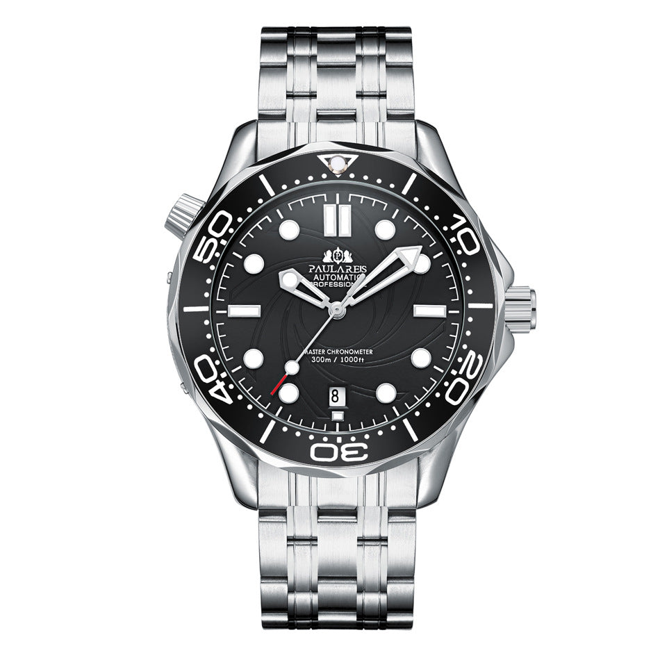 Paula Reis Automatic Professional Diver Watch | Black Dial Master Chronometer 300M | Stainless Steel Bracelet Men's Watch