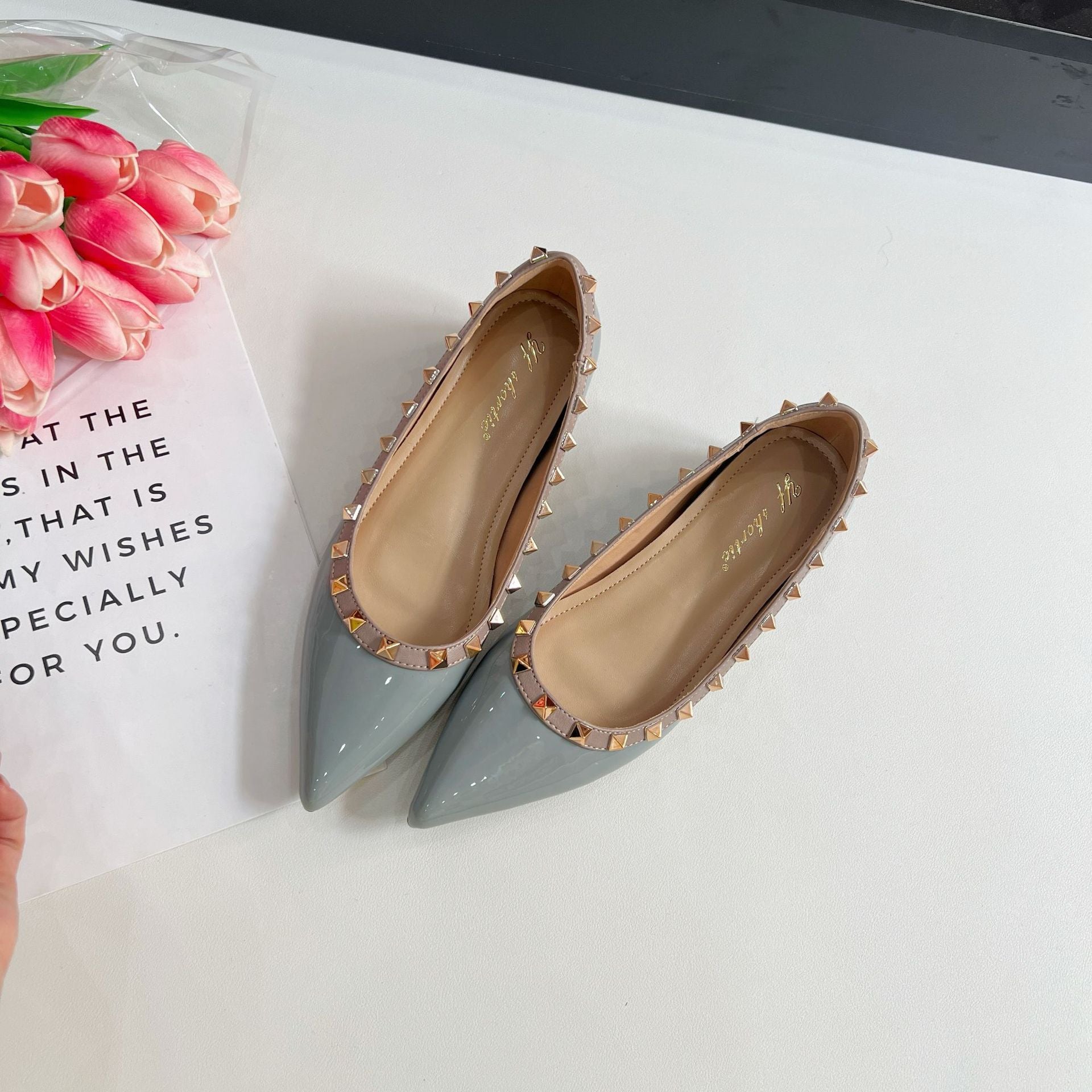 Black Patent Leather Studded Strap Pointed Toe Flats | Women's Rockstud Ballet Slingback Shoes
