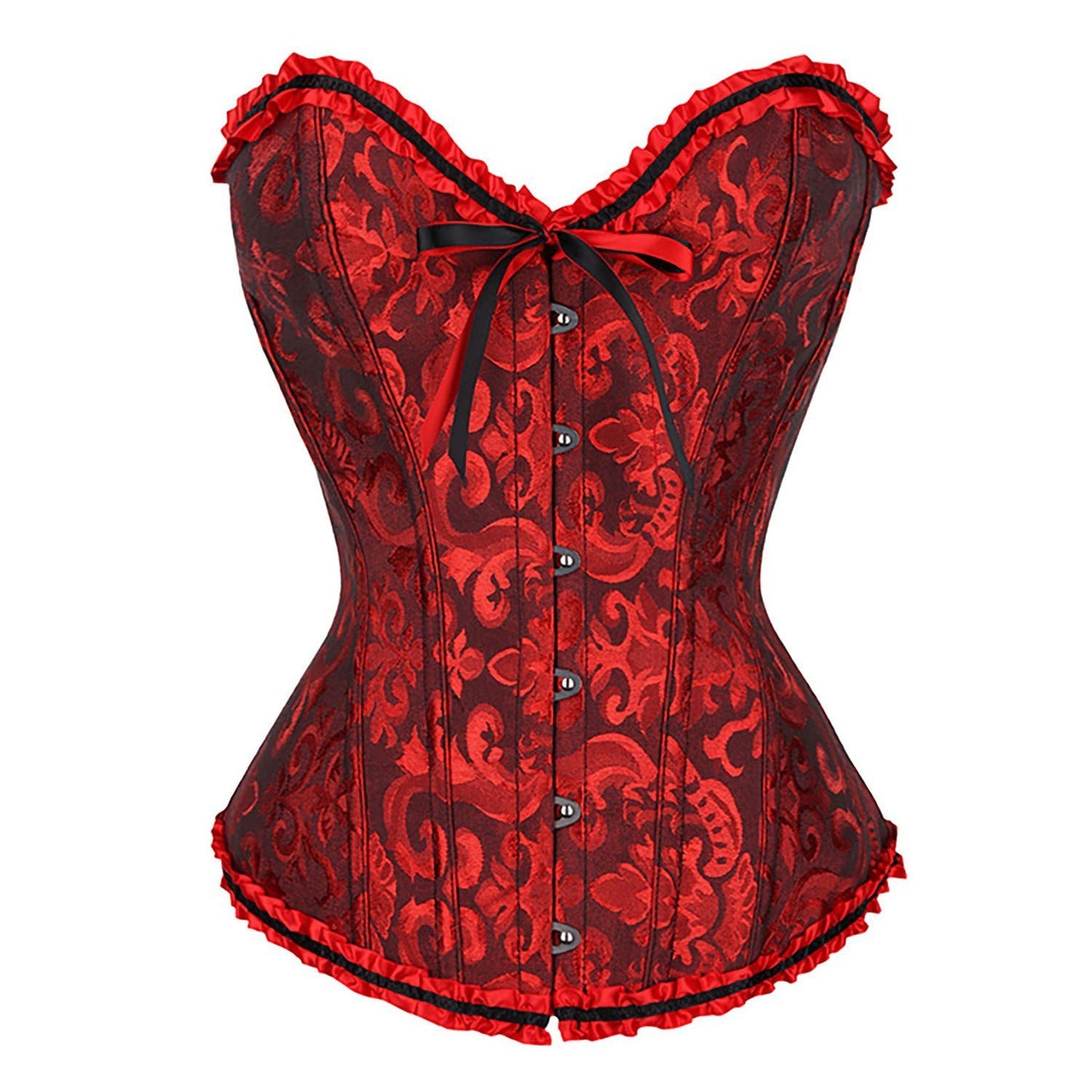 Red Brocade Overbust Corset | Black Ruffle Trim Bow Detail Boned Bustier Waist Cincher Women Halloween Burlesque Corset Top