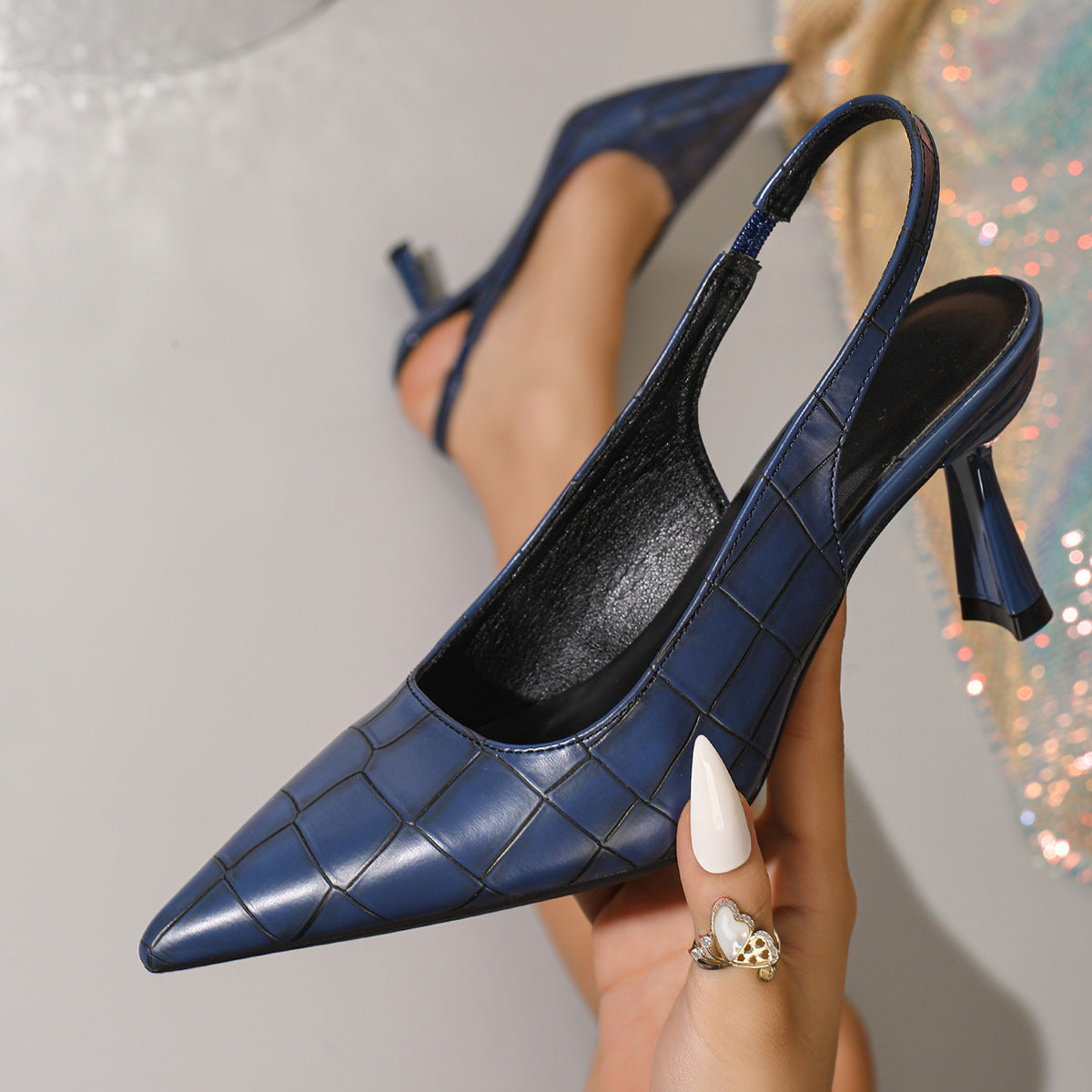 Black Croc Embossed Pointed Toe Slingback Heels | Women's Sculptural Stiletto Buckle Strap Pumps | Textured Luxury Heels