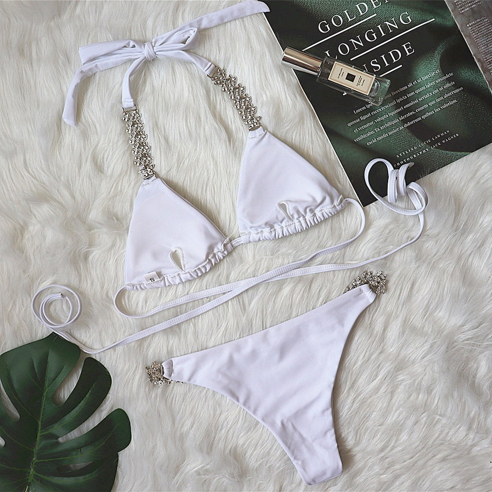 White Crystal Floral Chain Bikini Set, Triangle Top with Rhinestone Body Chain Straps, Women Luxury Diamond Jeweled Swimwear, Bridal Bling Beach Swimsuit, Elegant Honeymoon Bathing Suit