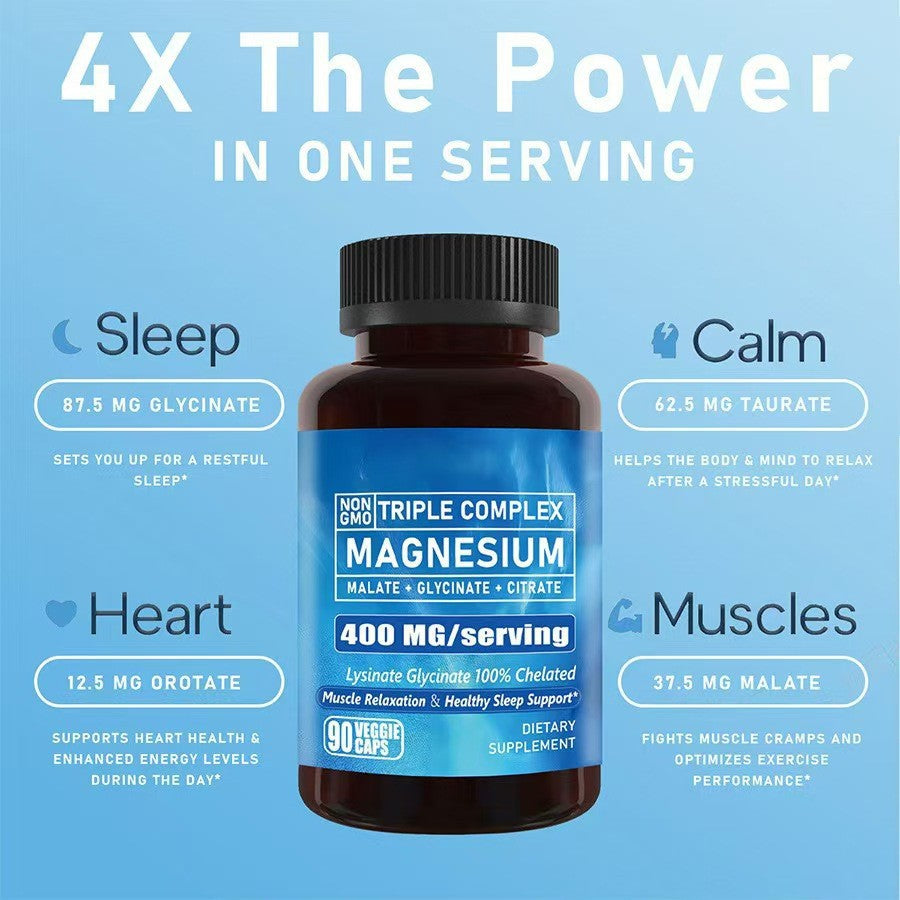 Triple Complex Magnesium Glycinate Malate Citrate 400mg | 90 Veggie Caps Non-GMO Chelated Supplement for Sleep, Muscle Relaxation & Stress Relief