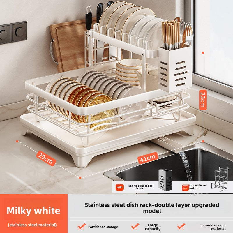 2-Tier Dish Drying Rack with Drainage | Large Capacity Kitchen Organizer with Cutting Board, Knife & Chopstick Holder | Countertop Dish Drainer