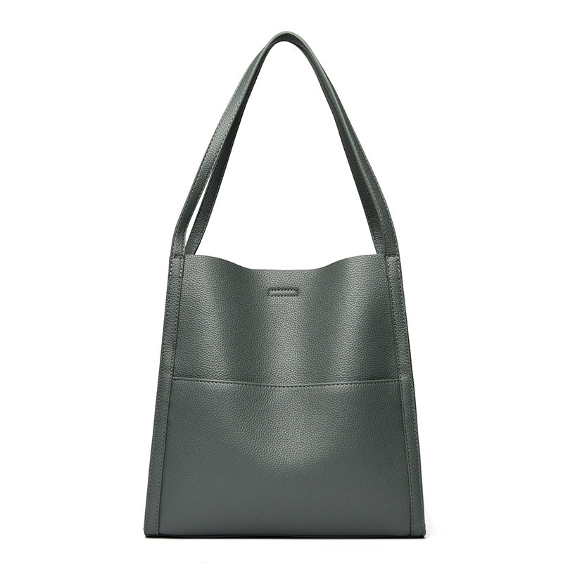 Black Leather Tote Bag with Front Slip Pocket | Minimalist Shoulder Bag
