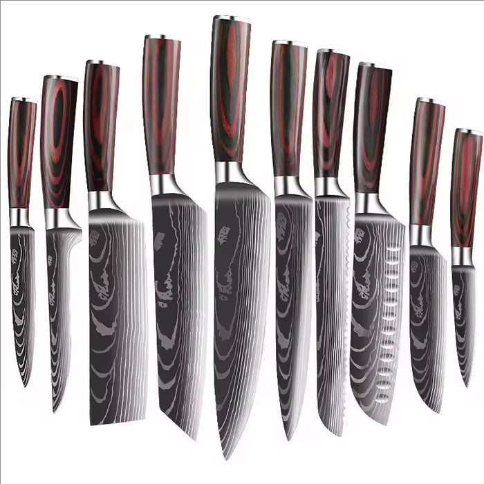 10 Piece Professional Kitchen Knife Set Damascus Pattern Stainless Steel Pakkawood Handle Chef Knife | Sharp Cooking Knives Set for Home Restaurant