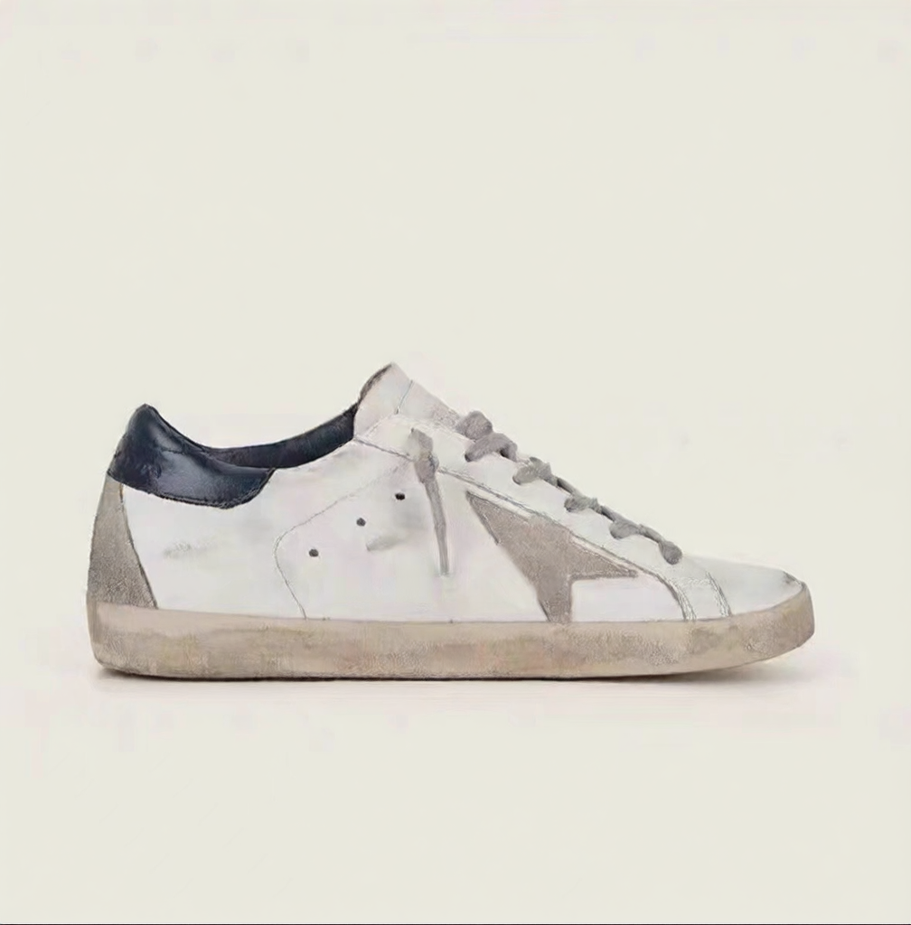 Women's White Distressed Star Patch Low Top Sneakers ? Vintage Worn Look Leather Style Lace-Up Shoes