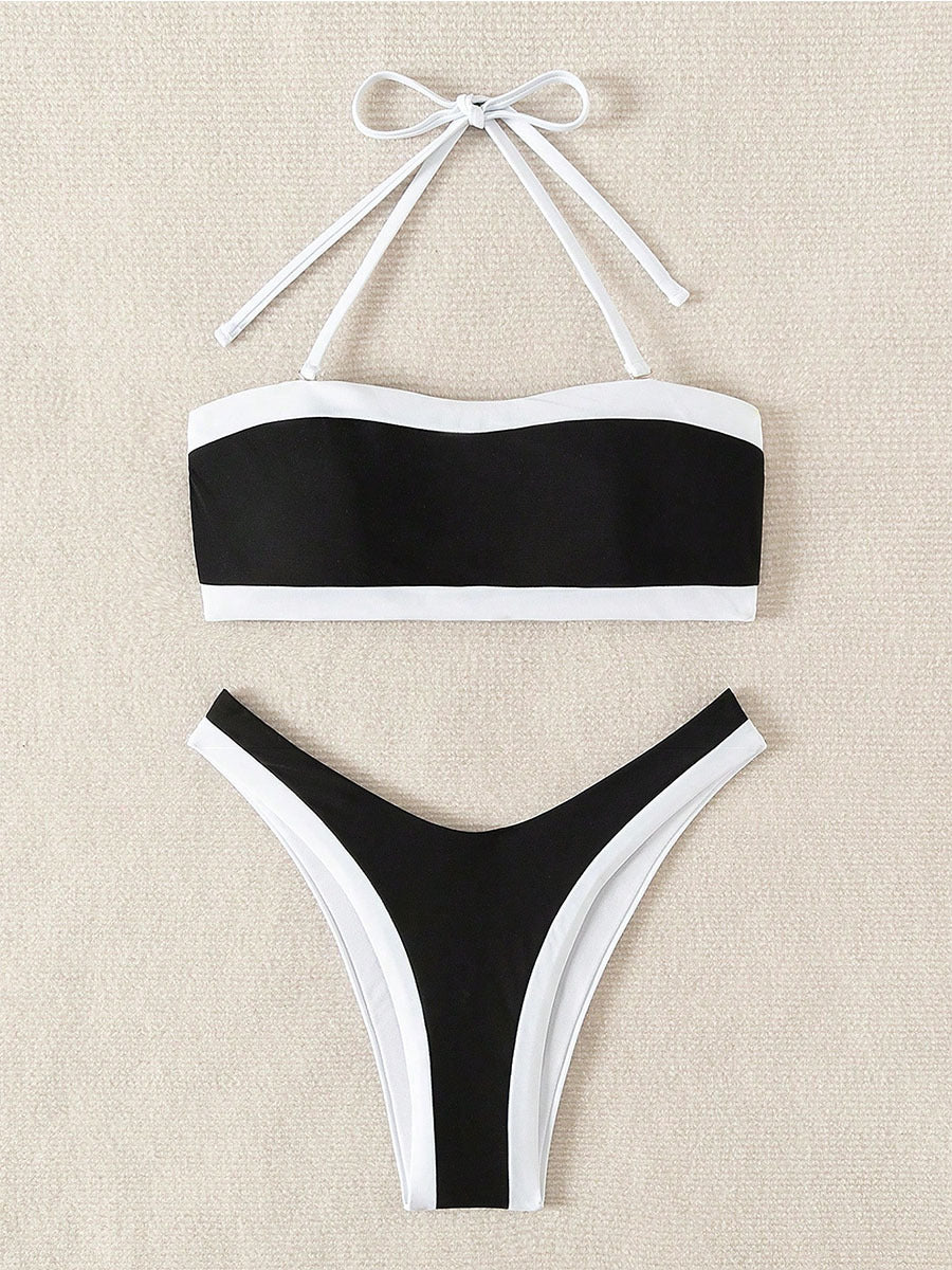 Black White Color Block Bandeau Bikini Set | Contrast Trim High Cut Cheeky Bottom Swimsuit | Women's Sexy Swimwear