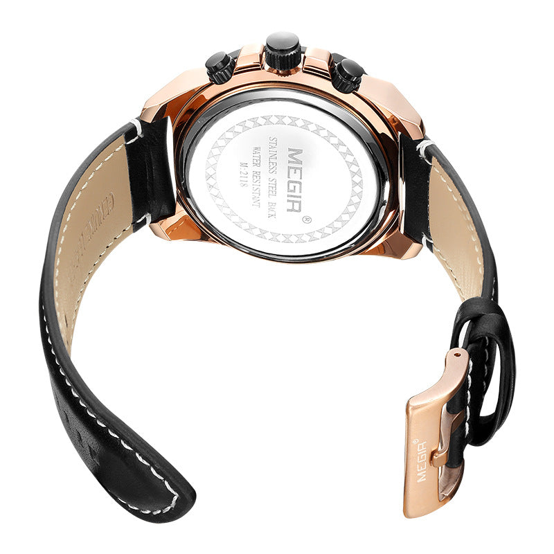 Megir Men's Racing Chronograph Watch | Black Dial Yellow Accent Brown Leather Strap Sport Turbo Style Date Watch