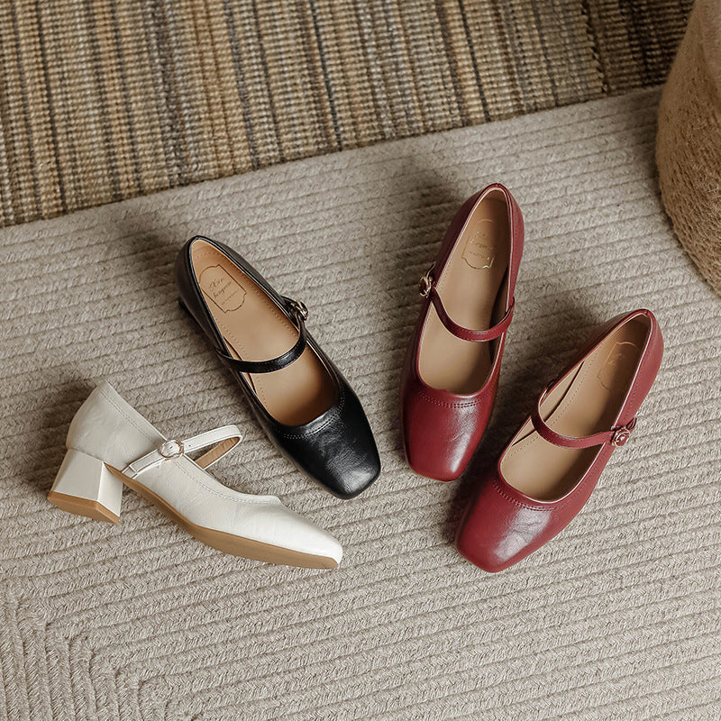 Wine Red Square Toe Mary Jane Block Heel Pumps | Women's Buckle Ankle Strap Low Heel Leather Shoes | Retro Everyday Heels