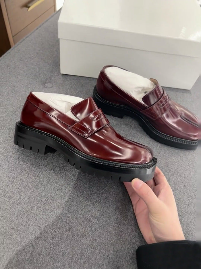 Women's Black Patent Leather Tabi Split Toe Loafers ? Avant-Garde Penny Loafer Flat Shoes