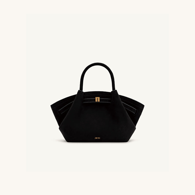 Borsa a mano strutturata in camoscio nero con design ad ala | Borsa tote trapezoidale