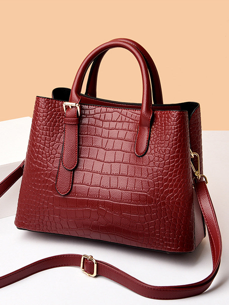 Blue Gray Crocodile Embossed Leather Handbag with Gold Hardware | Structured Tote