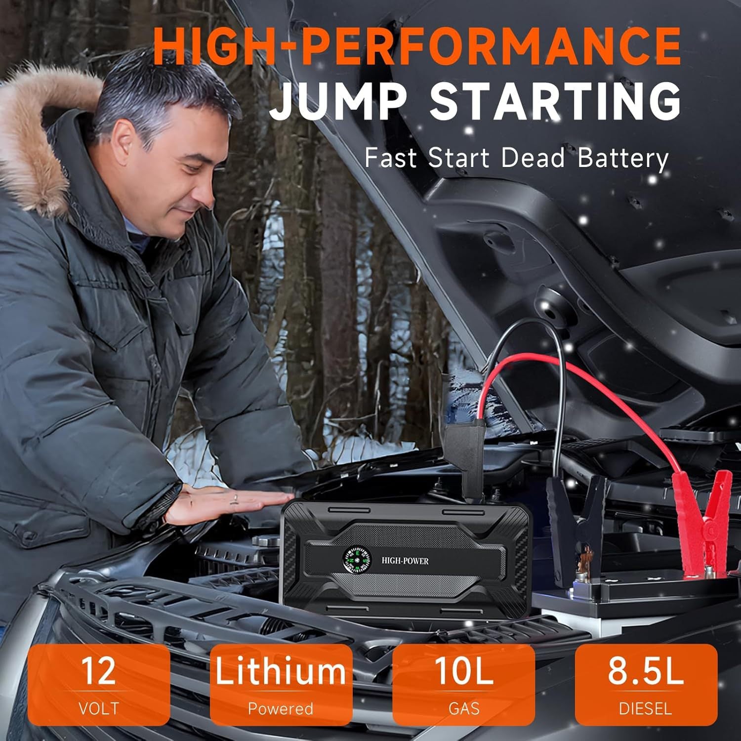 High Power Portable Car Jump Starter with LED Flashlight Compass & USB Power Bank ? Emergency Battery Booster with Carry Case