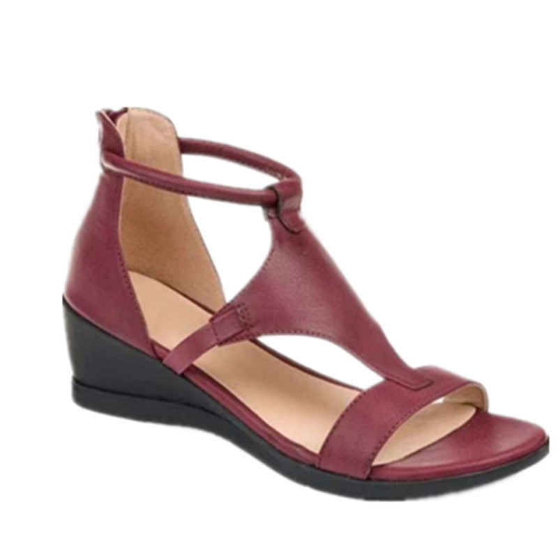 Burgundy T-Strap Wedge Sandals | Women's Open Toe Zip Back Ankle Strap Sandals | Comfortable Summer Heels