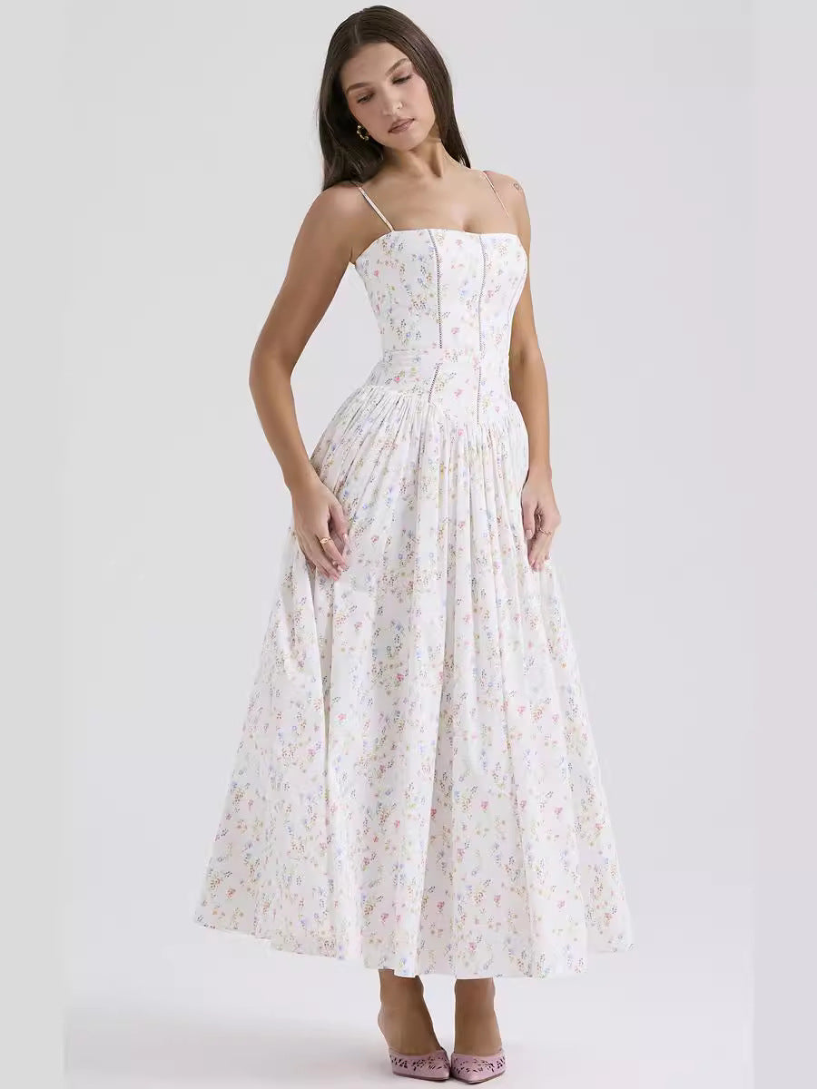 Abito midi a corsetto bianco | Stili con spalline sottili e maniche a sbuffo | Abito con gonna a pieghe floreale e tinta unita