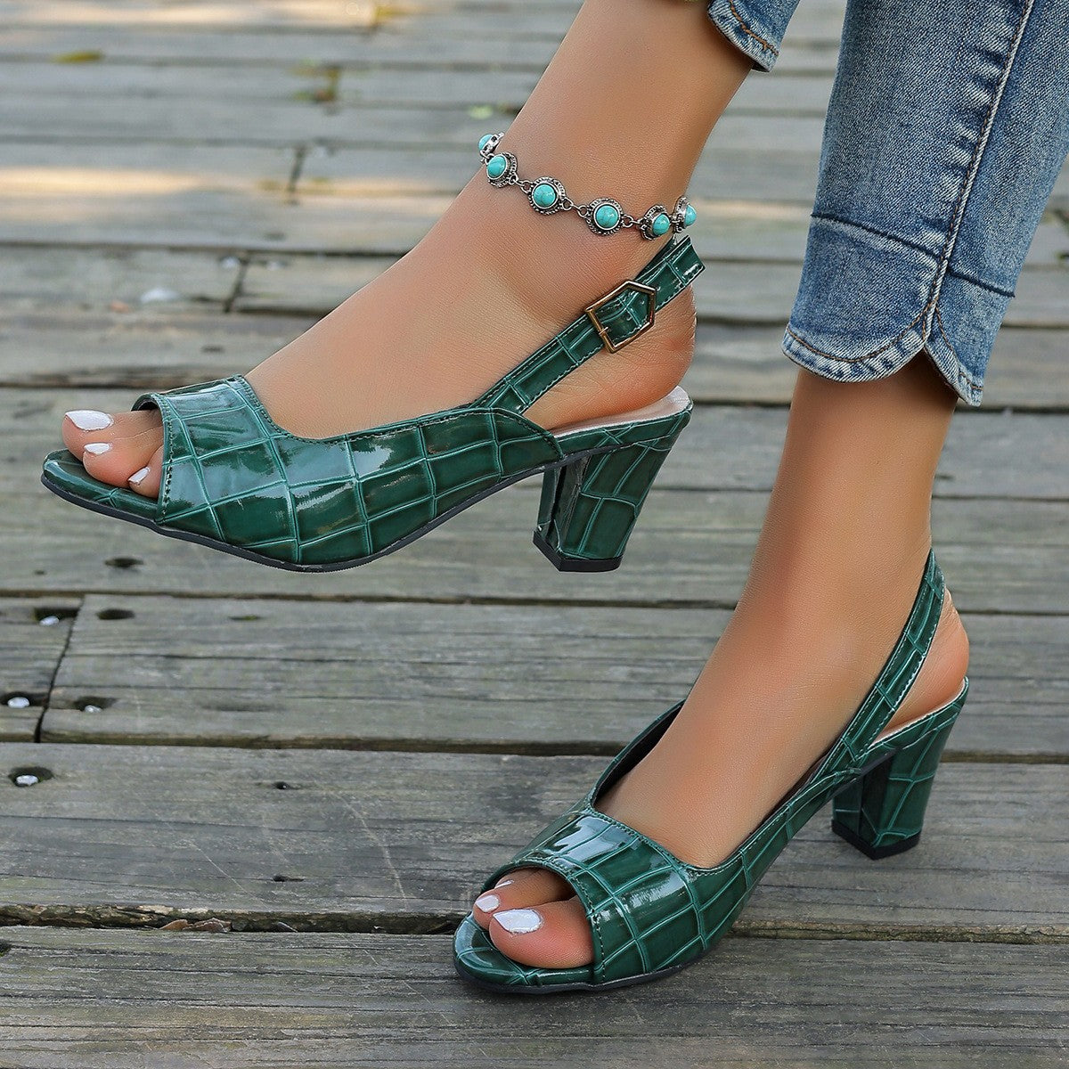 Black Crocodile Patent Leather Peep Toe Block Heel Slingback Sandals | Women's Textured Open Toe Mid Heel Shoes