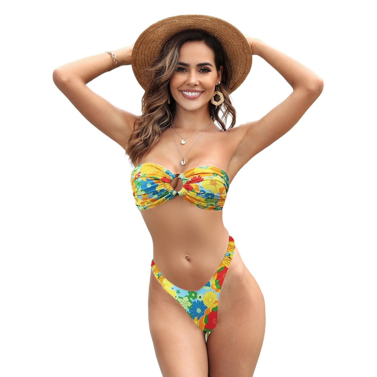 Floral Bandeau Bikini Set - Mint Green & Pink Hibiscus Strapless Swimsuit | Ring Detail Two-Piece Swimwear