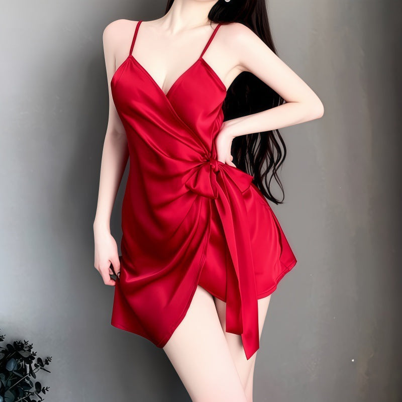 Women's Red Satin Wrap Bow Tie Mini Slip Dress Sexy Deep V Neck Asymmetric Ruched Nightgown Chemise Sleepwear