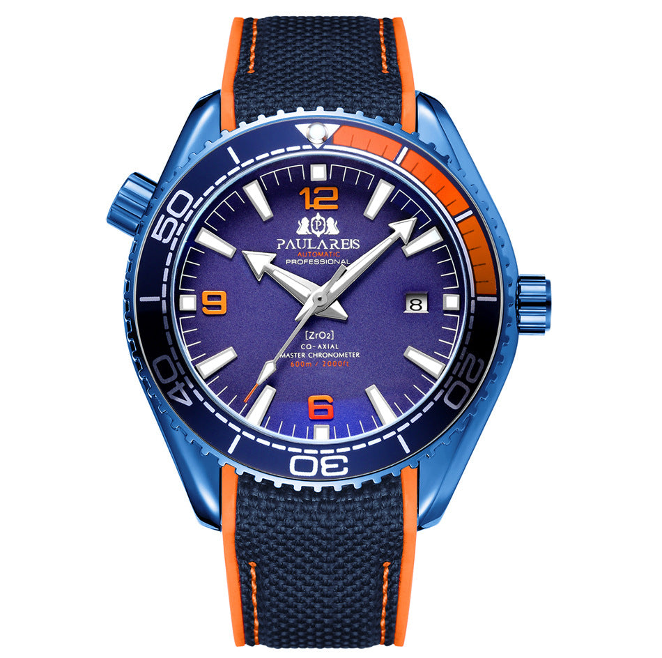 Paulares Professional Men's Diver Watch | Cream Dial Orange Bezel Grey NATO Nylon Strap Master Chronometer Sport Timepiece