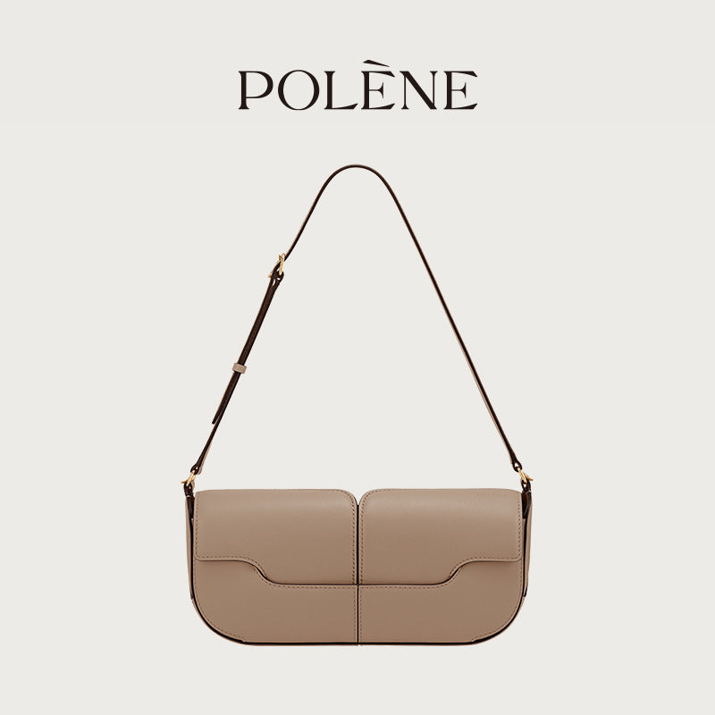 Polene Genuine Leather Black Leather Baguette Bag | Minimalist Shoulder Bag with Flap Closure