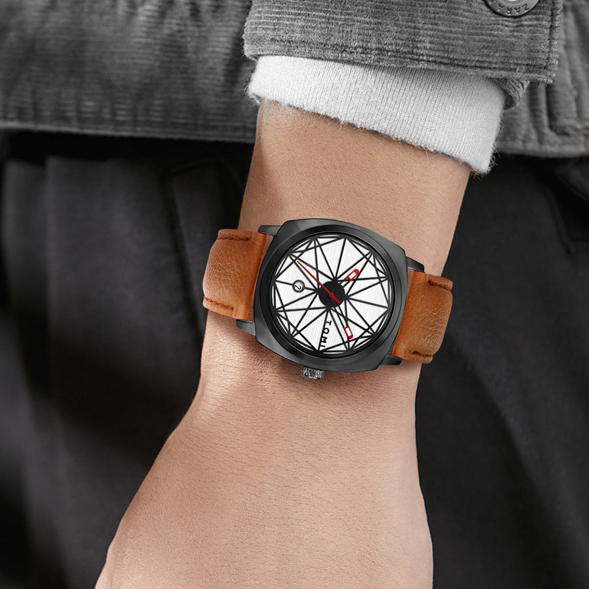 TOMI All Black Geometric Dial Men's Watch | Red Accent Hands Cushion Case Black Leather Strap Date Watch