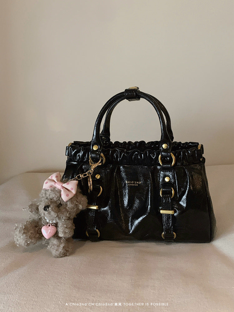 CHIO 2ND LONDON Black Patent Leather Ruched Satchel Bag - Gold Hardware Crossbody Handbag with Teddy Bear Charm | Women's Luxury Style Purse