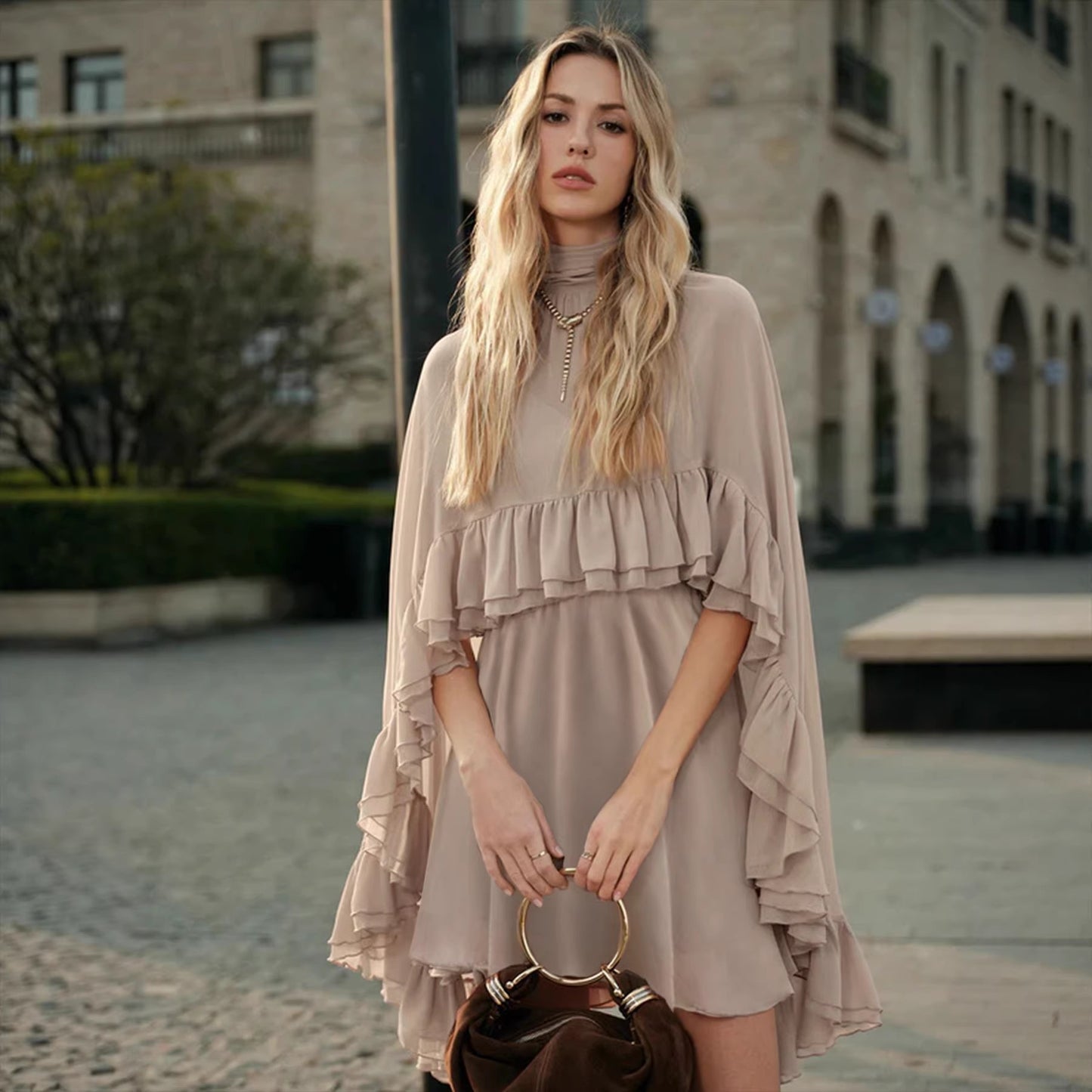 Brown Chiffon Ruffle Mini Dress | Mock Neck Long Sleeve Tiered Ruffle Flowy Short Dress for Women