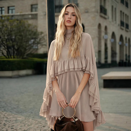 Brown Chiffon Ruffle Mini Dress | Mock Neck Long Sleeve Tiered Ruffle Flowy Short Dress for Women