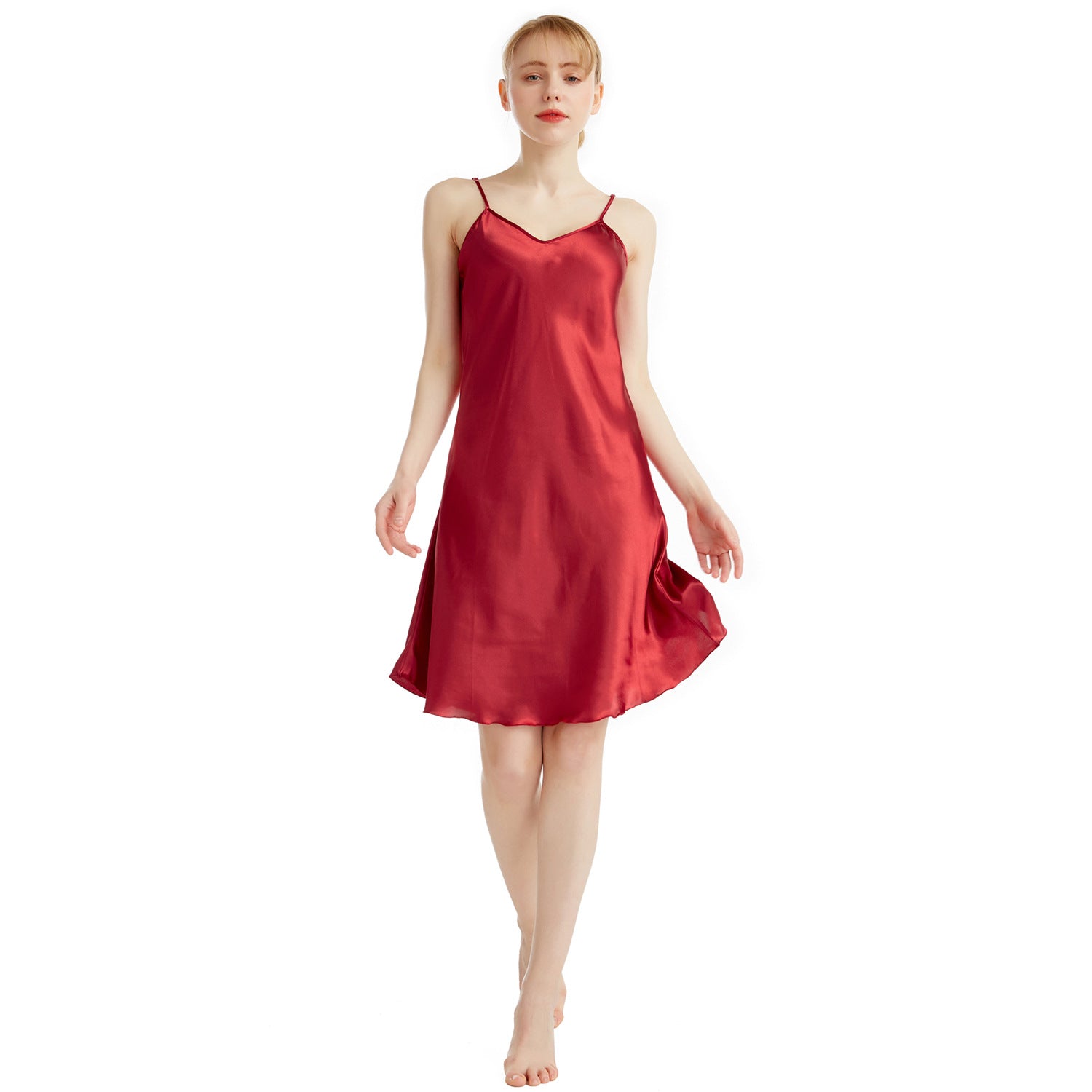 Women's Wine Red Satin V Neck Midi Slip Nightgown Elegant Sleeveless A-Line Sleep Dress Chemise Luxury Sleepwear