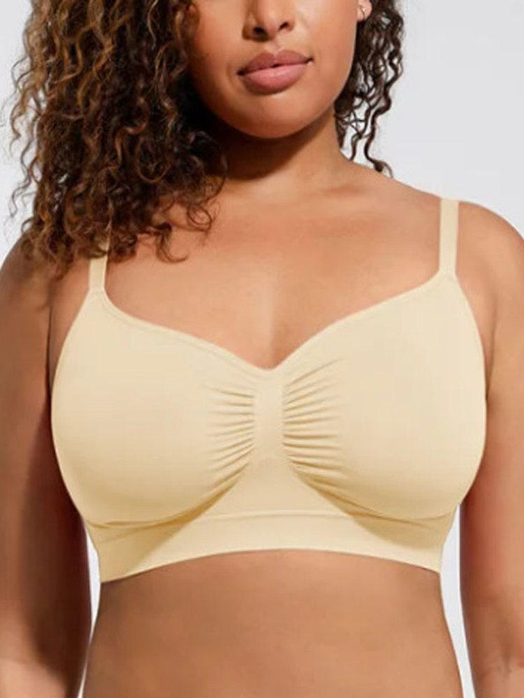 Women's Black Seamless Wireless Bra with Ruched Front Detail, Thin Adjustable Straps and V Neckline for Plus Size